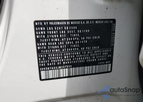 2018 Volkswagen Tiguan Se from USA, damaged, VIN 3VV3B7AX4JM207499